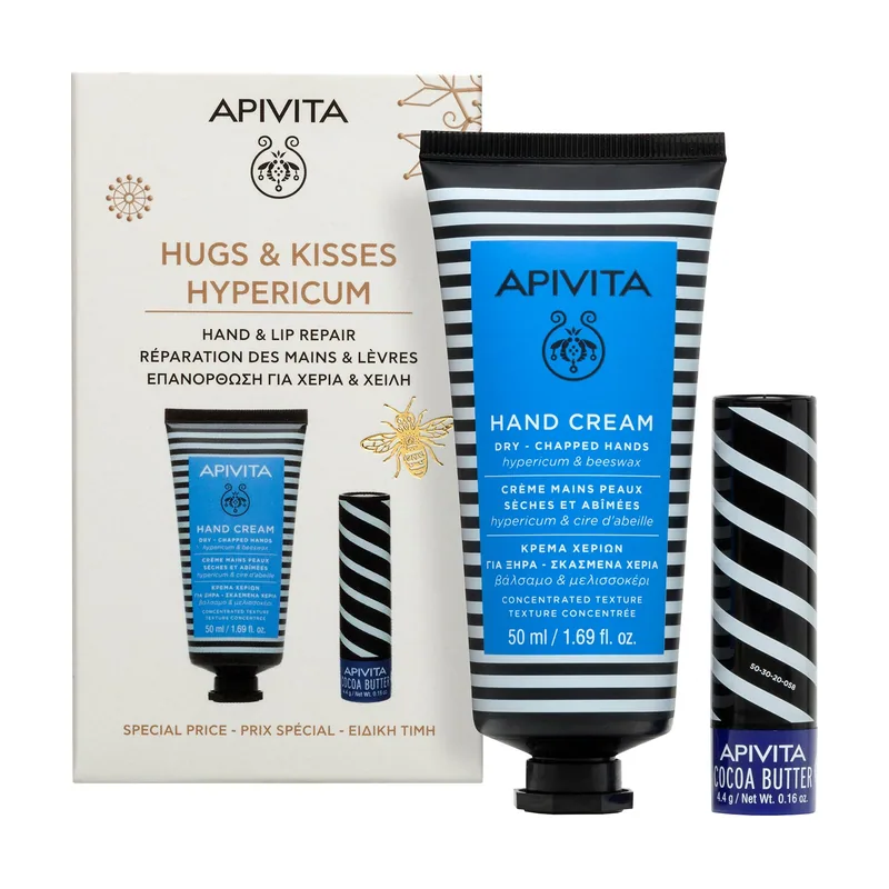 Apivita Crema De Manos Con Hipérico 50ml + Cuidado Labial Con Manteca De Cacao 4,4g