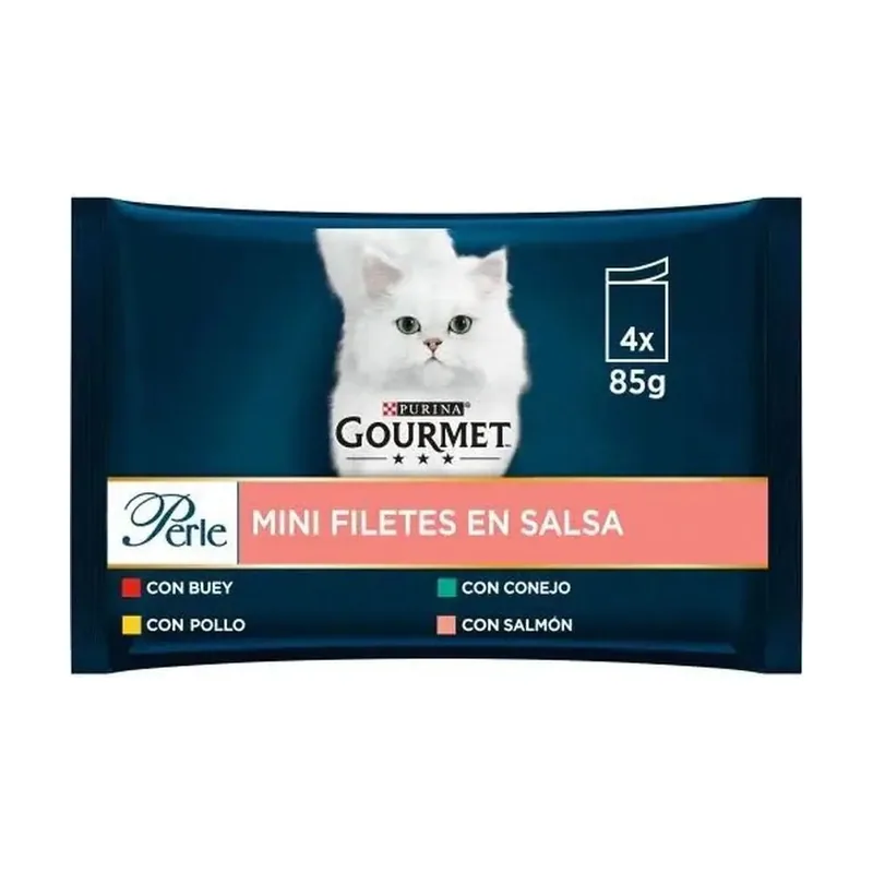 Purina Gourmet Perle Salsa Buey Pollo Conejo Salmón Comida Húmeda 12 Sobres x 85 Gr