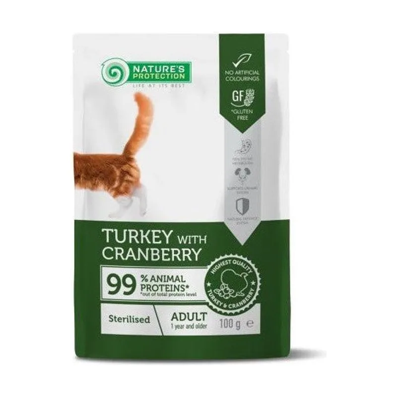 Natures Protection Comida Húmeda para Gatos Esterilizados con Pavo y Arándanos Sobres 100g