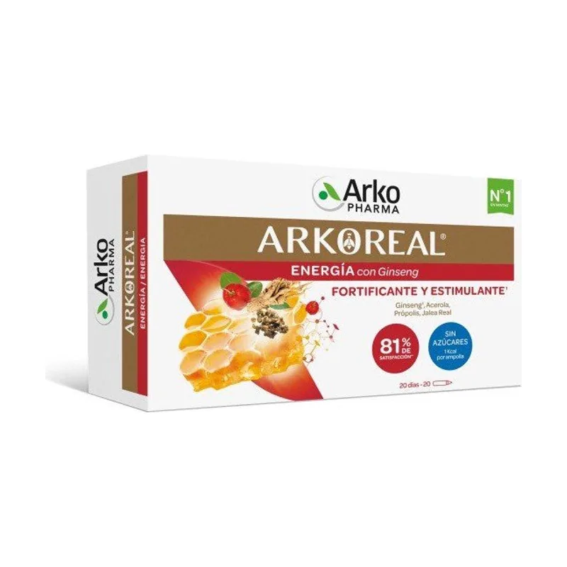 Arkopharma ARKOREAL Jalea Real Energía con Ginseng Sin Azúcar 500mg 20 ampollas