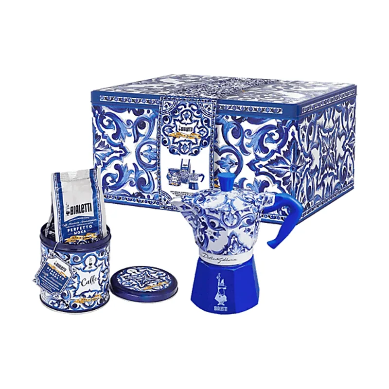 Bialetti Cafetera tradicional Set Moka Express Azul Mediterráneo 3 tazas y café Perfetto Autentico