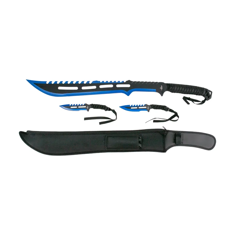 Third Set Machete Cortacañas y dos Cuchillos Lanzadores 10699 Hoja de acero inox negra con el corte en azul de 71,5 cm. Mango de cuerda trenzada con dos cuchillos lanzadores negros con el corte