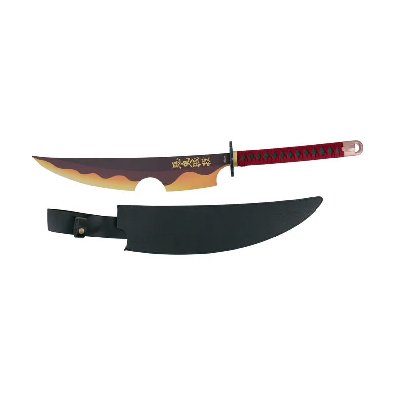 Amont Espada gemela S0294 de Demon Slayer empuñada por Tengen Uzui mango encordado en granate y hoja negra con corte acabado en llamas amarillas y naranjas. Incluye funda de polipiel