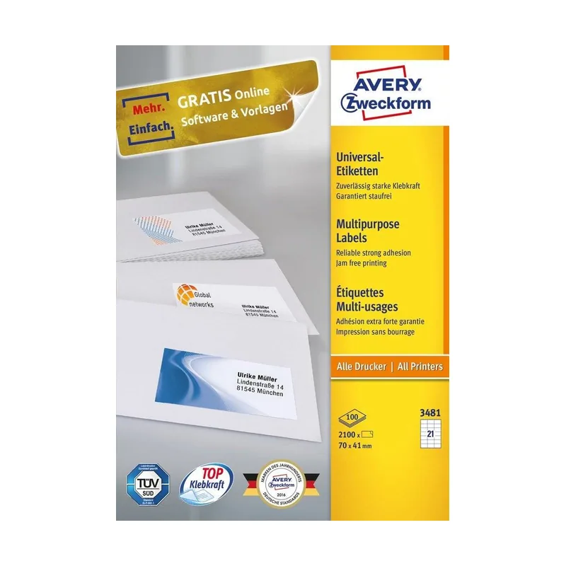 Avery 3481 etiqueta autoadhesiva Rectángulo Permanente Blanco 2100 pieza s