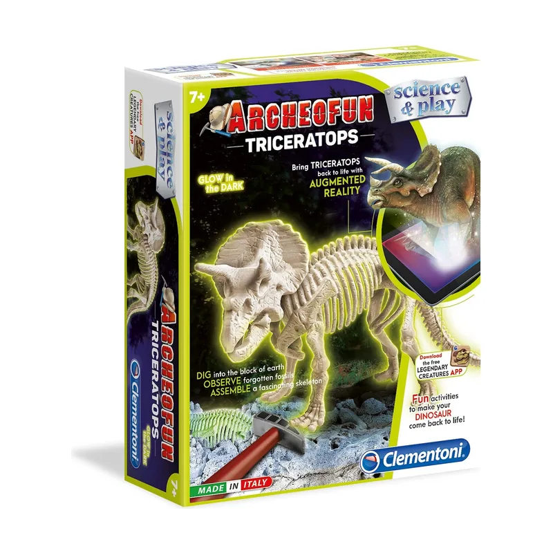 Clementoni 61723 Science & Play Archeofun Triceratops Brilla en la Oscuridad para niños
