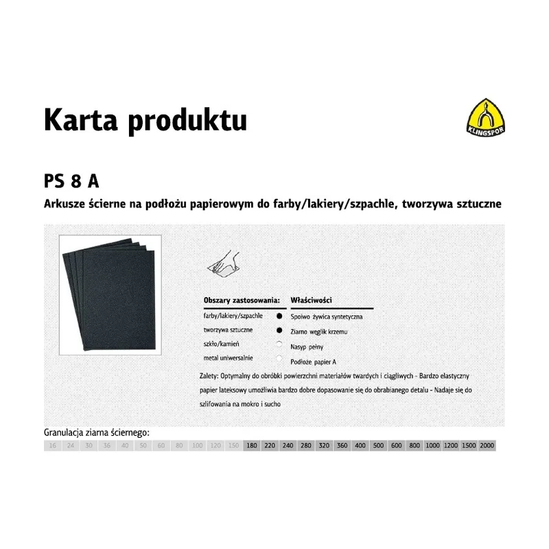 Klingspor arkusze ścierne na podłożu papierowym 230mm x 280mm ps8a na mokro gr. 280 50szt.
