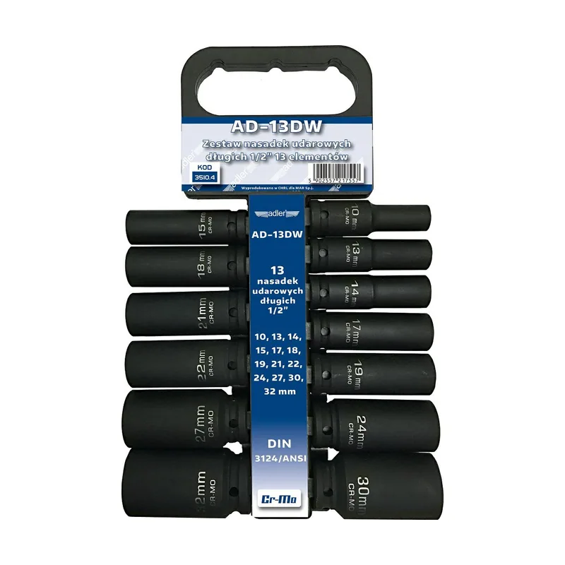 Adler Juego de dados de impacto largos 1/2" 13 piezas con soporte