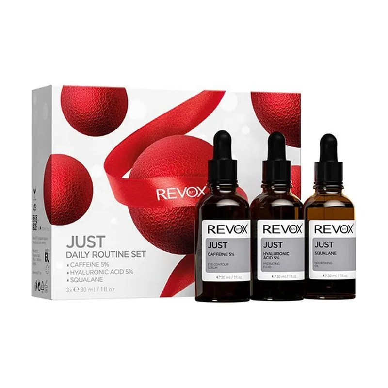 REVOX B77 - Just Daily Routine Set, 3 x 30 ml, Sérum Contorno Ojos Cafeína 5% + Sérum Ácido Hialurónico + Escualano, Rutina Facial para Todo Tipo de Piel, Hidratación, Luminosidad y Nutrición Diaria