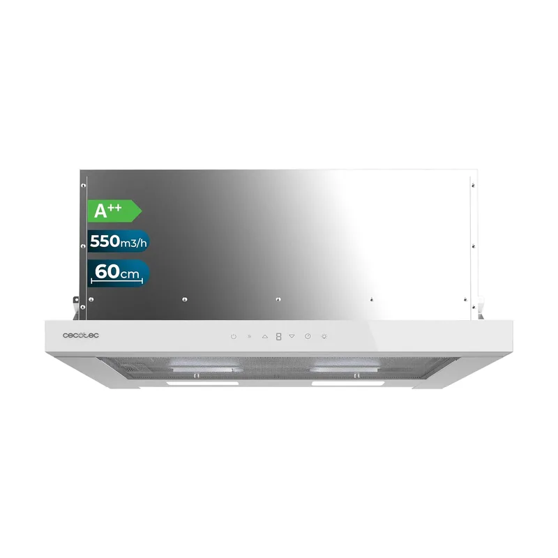 Cecotec Campana Extractora Telescópica de 60cm Flux TLT 605500 Glass White A++. Motor 70W