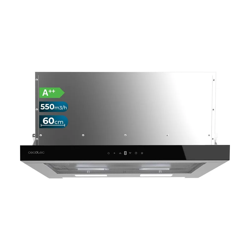 Cecotec Campana Extractora Telescópica 60cm Flux TLT 605500 Glass Black A++. Motor 70W