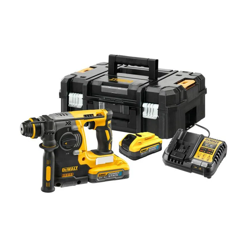 DeWalt Martillo Electroneumático sin escobillas XR 18V SDS plus® 2,1J 2 baterías POWERSTACK Li-Ion 5Ah y maletín TSTAK para profesionales y manitas