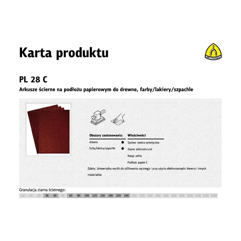 Klingspor arkusze ścierne na podłożu papierowym 230mm x 280mm pl28c gr.220 50szt.