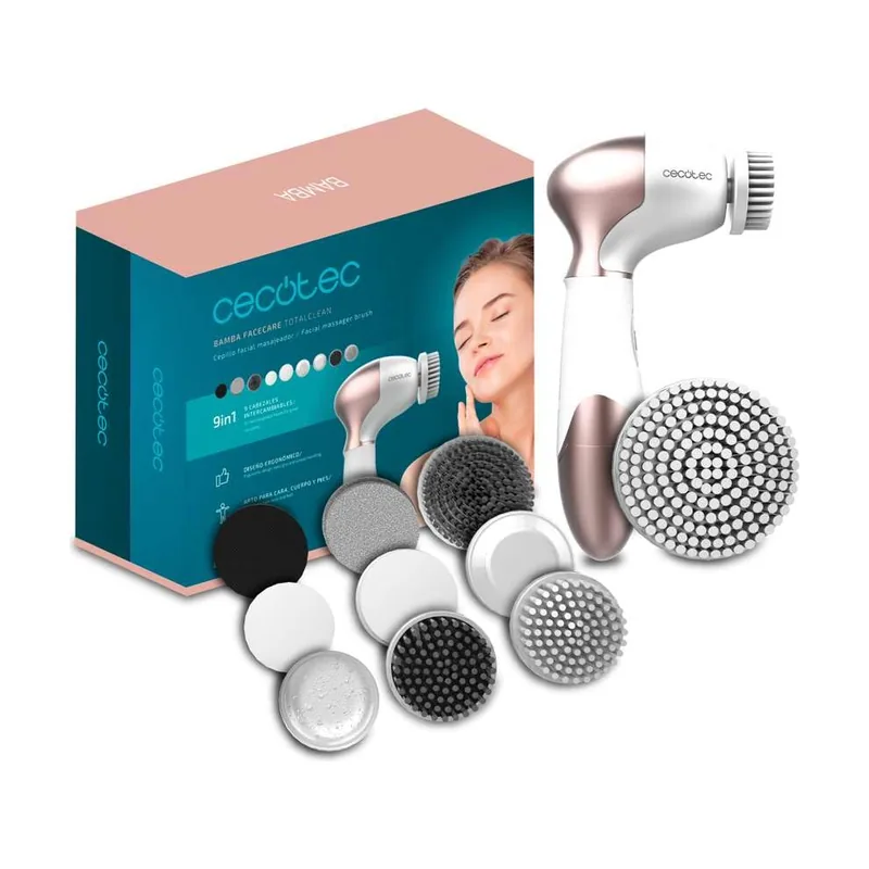 Cecotec Cepillo Limpiador Facial Masajeador Portátil a Pilas Bamba FaceCare TotalClean. 9 Cabezales para Cara