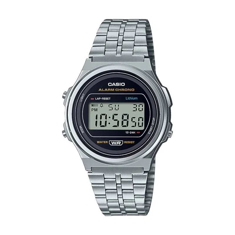 Casio Reloj Cuarzo Unisex 39.00mm con dial Digital Negro y Correa de Pulsera de Metal Plata A171WE-1AEF