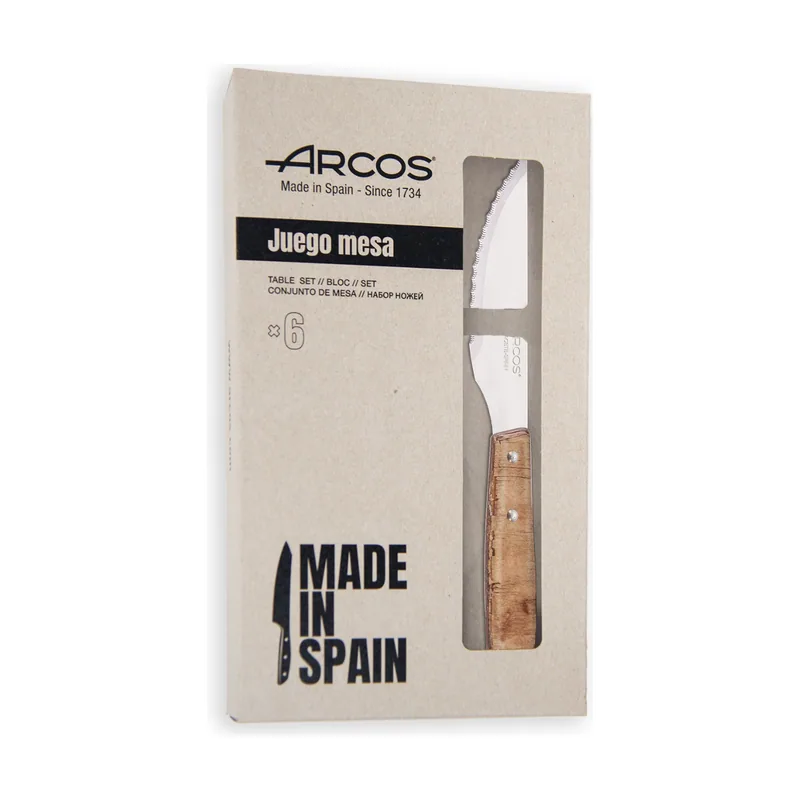 Arcos Juego de cuchillos chuleteros de madera de chopo comprimida tinte rojo y hoja de Acero Inoxidable NITRUM® y 22 cm de longitud total