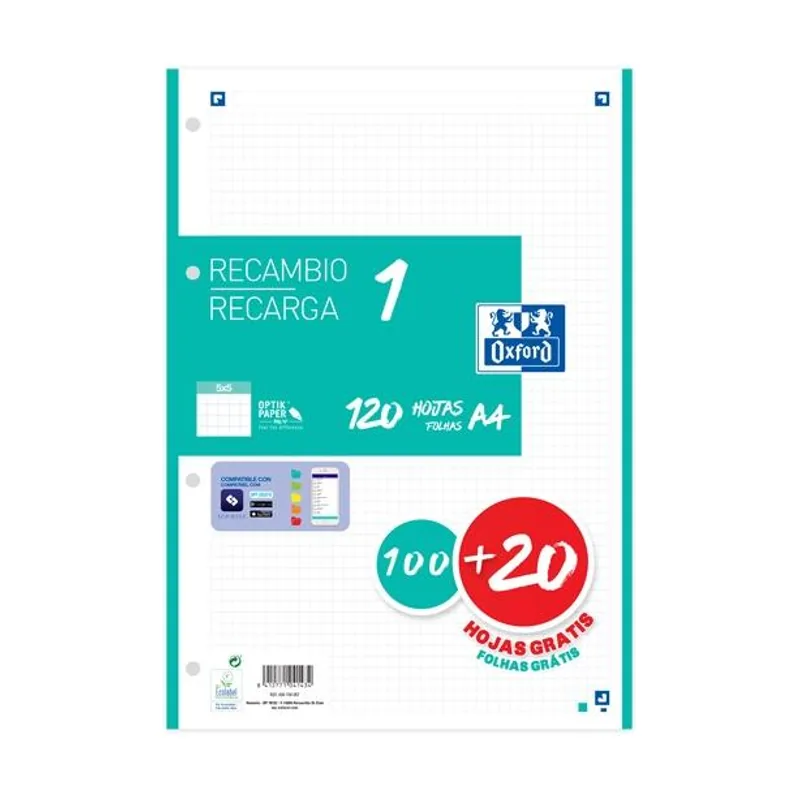 Oxford recambio classic 1 100h + 20h a4 90gr 5x5mm 4/taladros banda