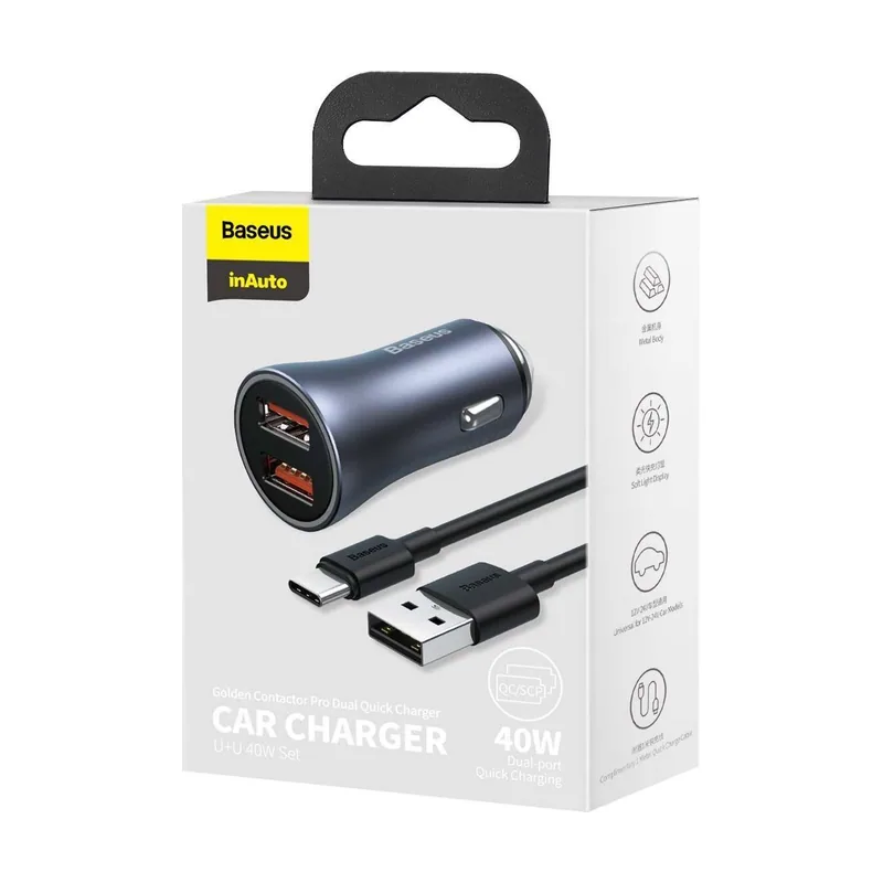 Baseus Cargador de Coche USB de 40W para Carga rápida de Dos a la Vez