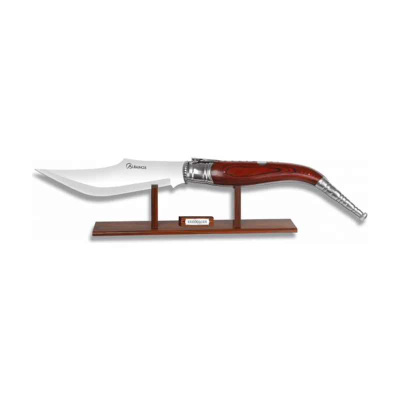 Martinez Albainox Navaja Bandolera Super con Mango de Stamina Roja y Hoja de Acero Inox de 35 cm Sistema Carraca Incluye Peana 04010