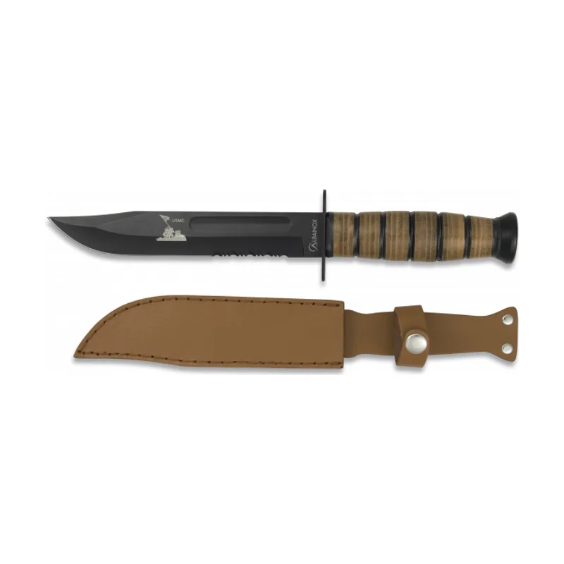 Martinez Albainox Cuchillo de Supervivencia y Hoja de Acero Inox Negra de 18 cm Incluye Funda de Piel 31762