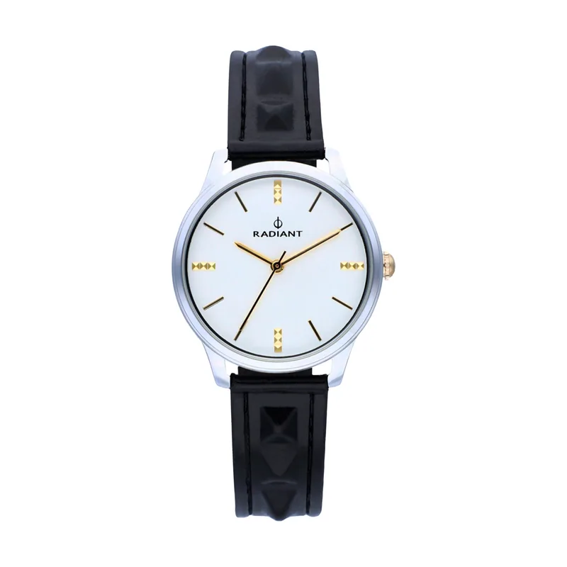 Radiant Reloj analógico para Mujer Colección Leya. Reloj Plateado con Correa Negra y Esfera en Blanco con Detalles en Dorado. 3ATM.. Referencia RA520603.