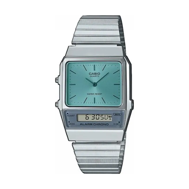 Casio Reloj Cuarzo Mujer 32.00mm con dial Análogico-Digital Azul y Correa de Pulsera de Metal Plata AQ-800EC-2AEF