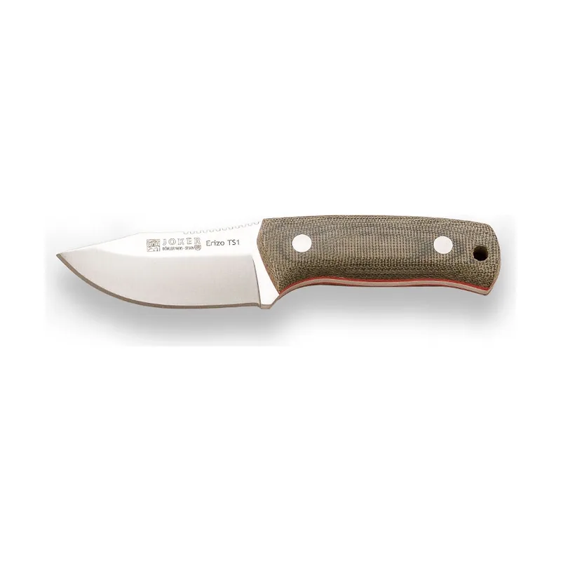 Joker Cuchillo Erizo TS1 Cuchillo de caza bushcraft de acero böhler N695 y puño de canvas micarta en verde. Cuchillo con hoja de 7,5 cm. Incluye funda de piel en negro con Pedernal.