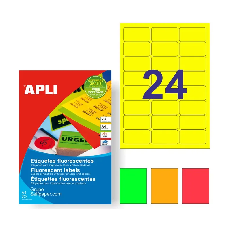 Apli Funda 480 etiqueta 64 x 33,9 mm 24 x 20 F A4 las/Cop Coin redondo Fluo