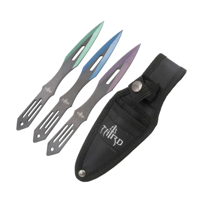Third Set de cuchillos lanzadores H7122 de 3 piezas de 16.5 cm de acero 420 con corte anodizado de tres colores. Con funda de nylon. Ref. H7122.