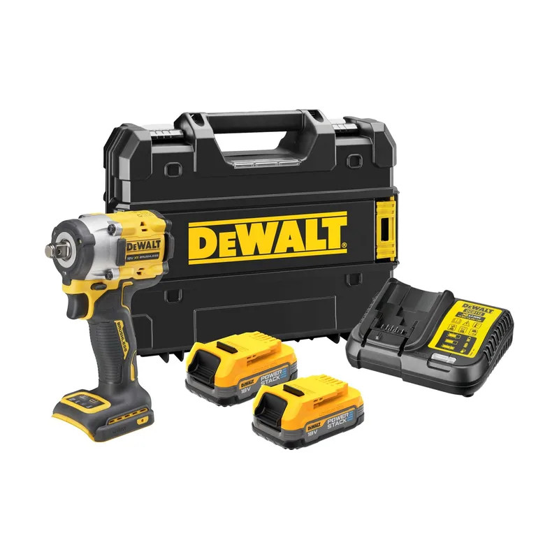 DeWalt Llave Impacto sin escobillas XR 18V 1/2" 406Nm con anillo de retención con 2 baterías POWERSTACK y maletín TSTAK