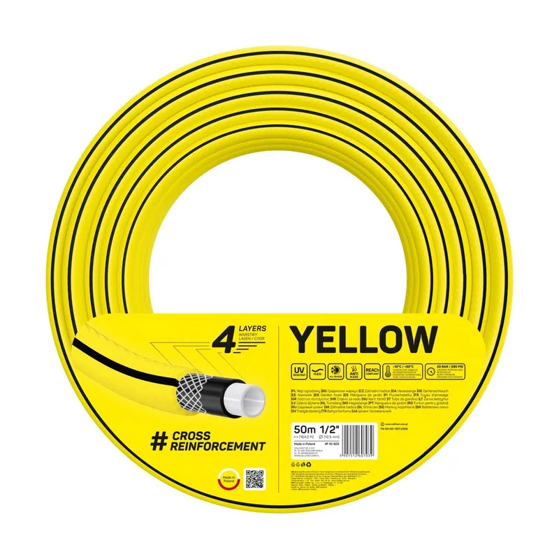 Cellfast 4YELLOW Manguera de Riego de Jardín 4 Capas Flexi Resistente a los Rayos UV Antiálcali All Season 1/2" 50 m