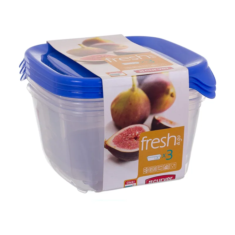 Keter CURVER 2045387 Fresh & Go Box Frescura Cuadrado Plástico Transparente/Azul Conjunto de 3