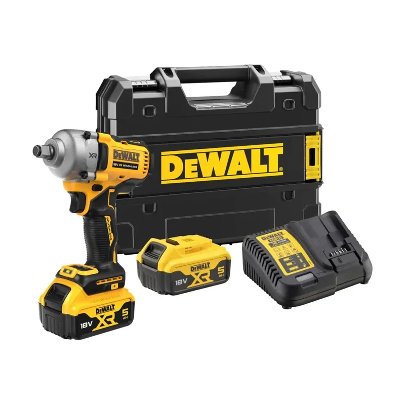 DeWalt Llave Impacto sin escobillas XR 18V 1/2" Par Medio 812Nm con anillo de retención con 2 baterías Li-Ion 5Ah y maletín TSTAK
