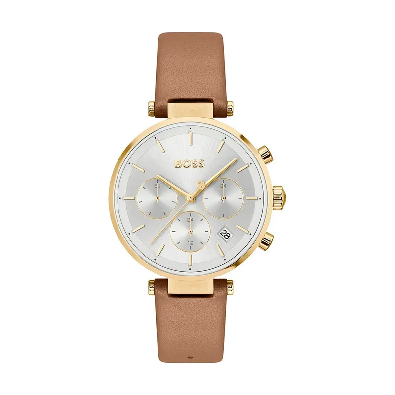 Hugo Boss BOSS Reloj Analógico de Cuarzo Multifunción para Mujer Colección Majesty Sport con Correa de Cuero Camel