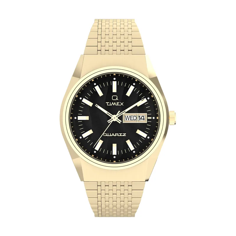 Timex Reloj Hombre Q Men's Stainless Steel Caja de Acero Dorado Movimiento de Cuarzo Esfera Negro Brazalete Acero Dorado con Cierre Deployant 5 ATM
