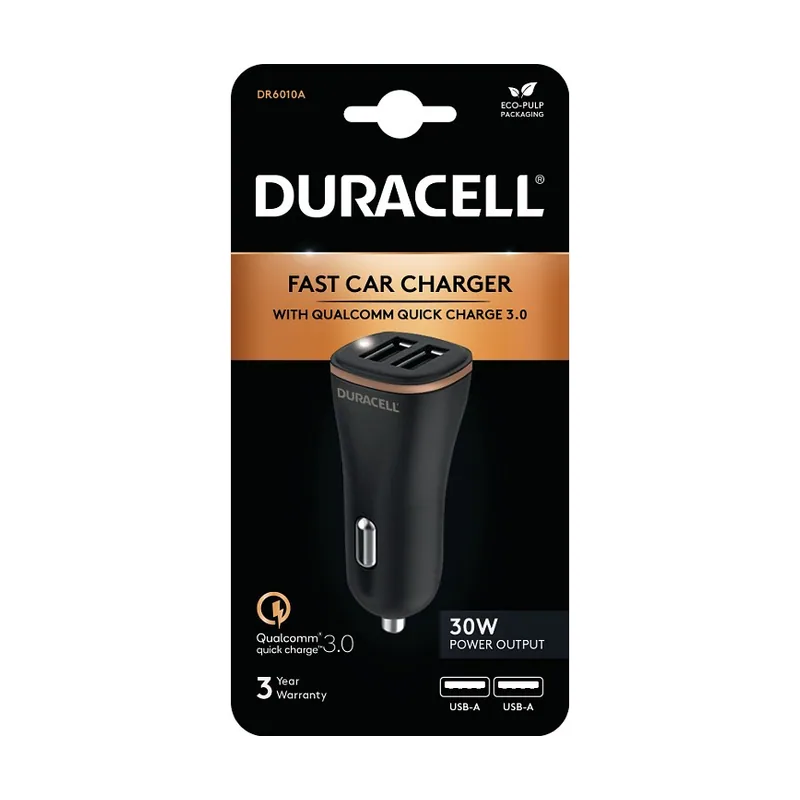 Duracell Adaptador de cargador de coche compacto USB-A de 18 W + 12 W