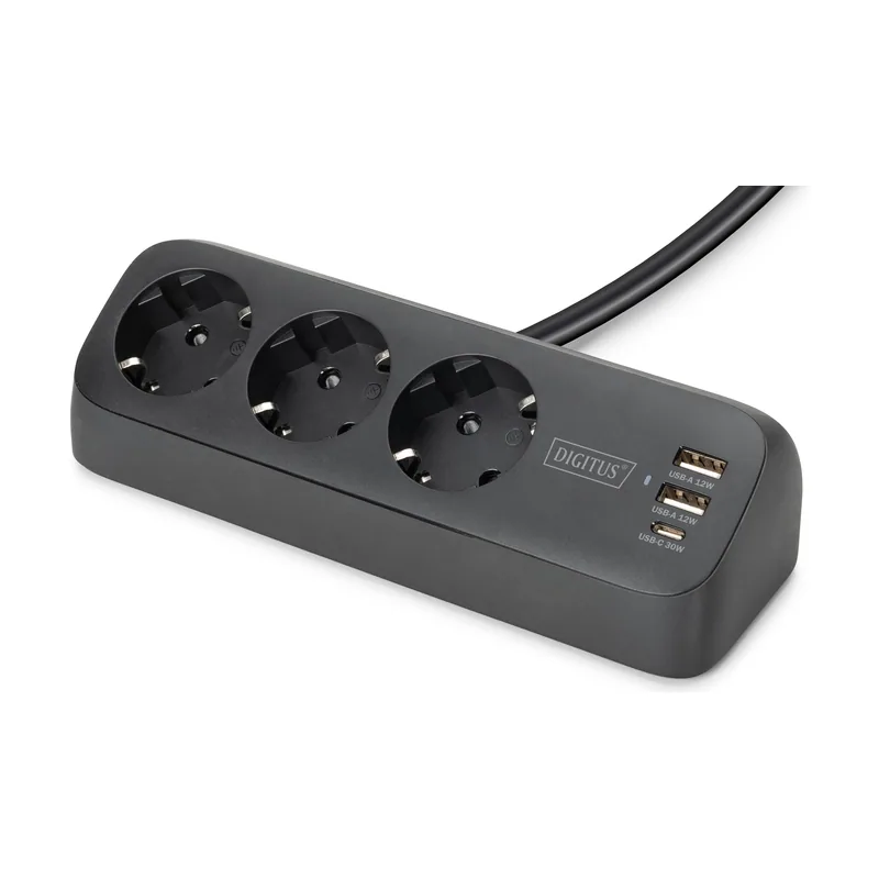 Digitus Regleta de enchufes de oficina de 3 vías con 2 conexiones USB-A y 1 conexión USB-C