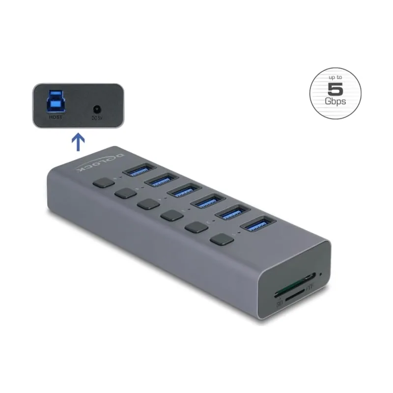 Delock Hub externo USB de 5 Gbps de 6 puertos con interruptor y ranura SD/Micro SD