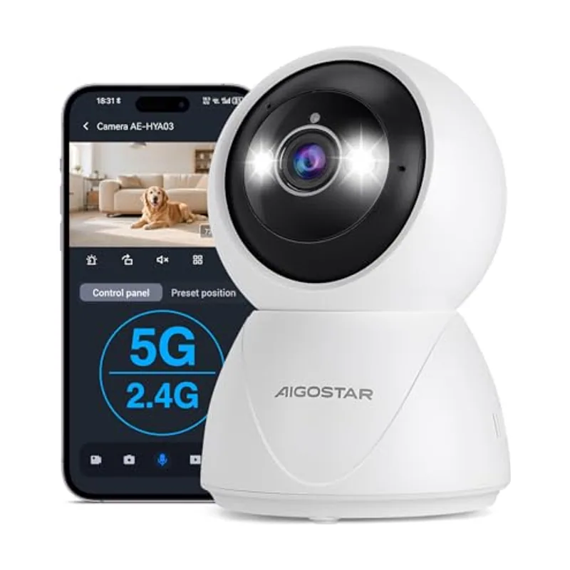 Aigostar Cámara Vigilancia WiFi Interior 2.4G/5G Visión Nocturna Full Color/Seguimiento de Movimiento/Audio Bidireccional/Alarma