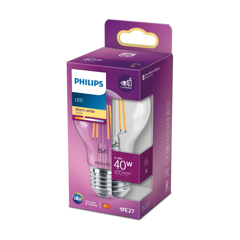 Philips Bombilla de filamento transparente 40 W A60 E27