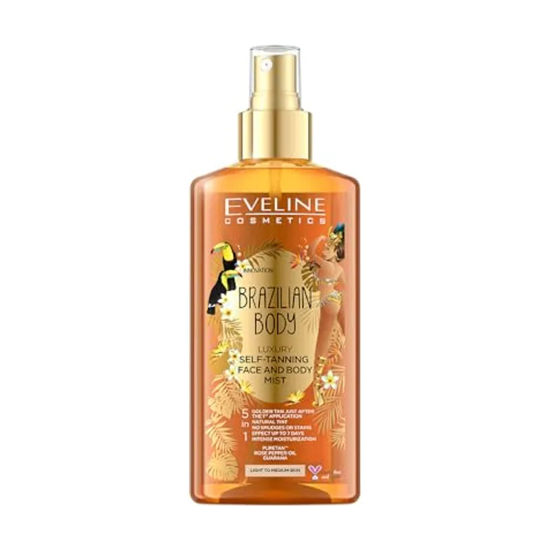 Eveline cosmetics Brazilian Body Luxurious Bruma autobronceadora 5 en 1 para rostro y cuerpo Piel brillante y morena Efecto inmediato Siete días de duración Tecnología PureTan a base de plantas 150 ml