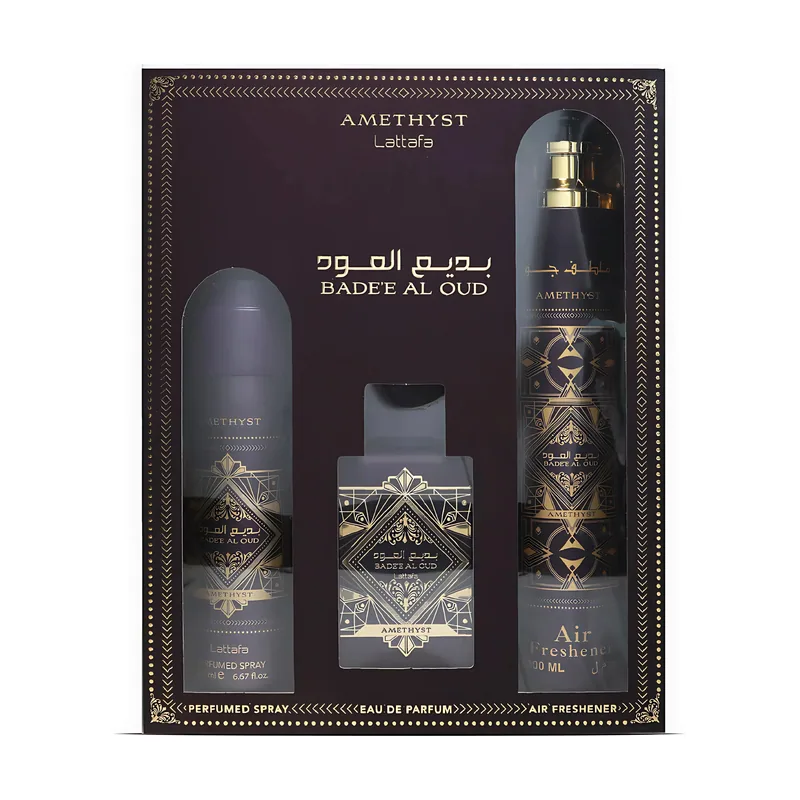 Lattafa Bade'e Al Oud Amatista Juego de regalo de 3 piezas Eau de Parfum