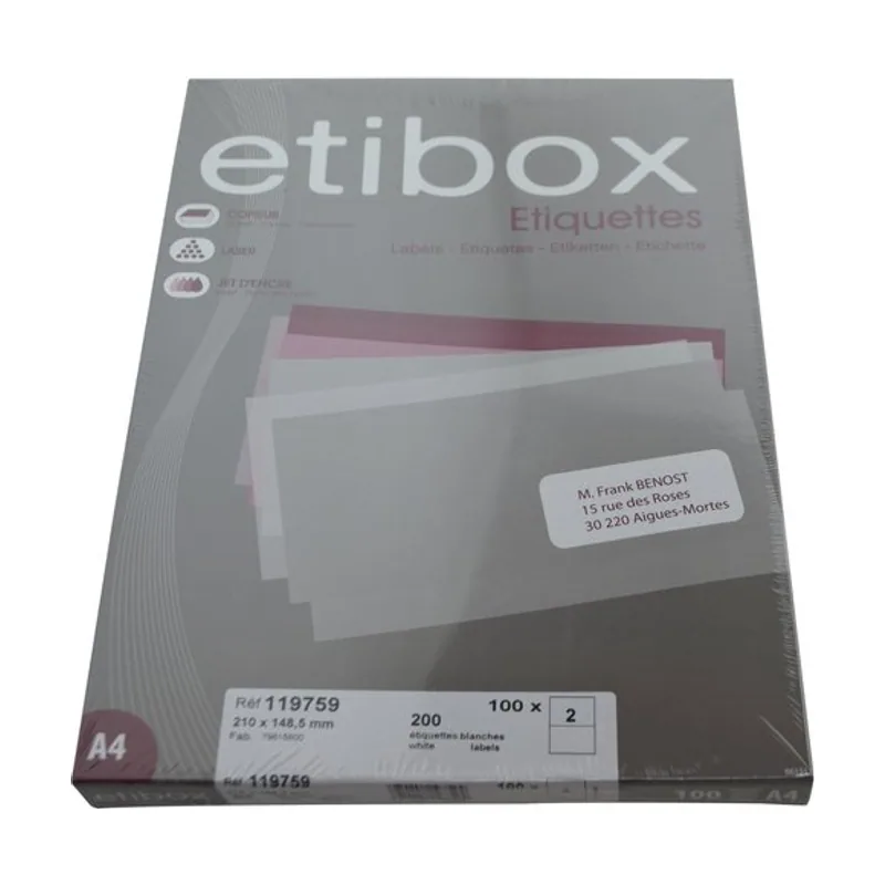 Etibox Etiquetas adhesivas impresora A4 blanca caja 100h cantos rectos 210x148 200 unid.