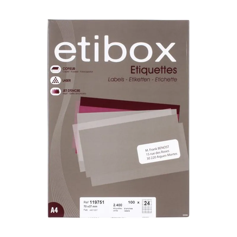 Etibox Etiquetas adhesivas impresora A4 blanca caja 100h cantos rectos 64,6x33,80 2400 unid.