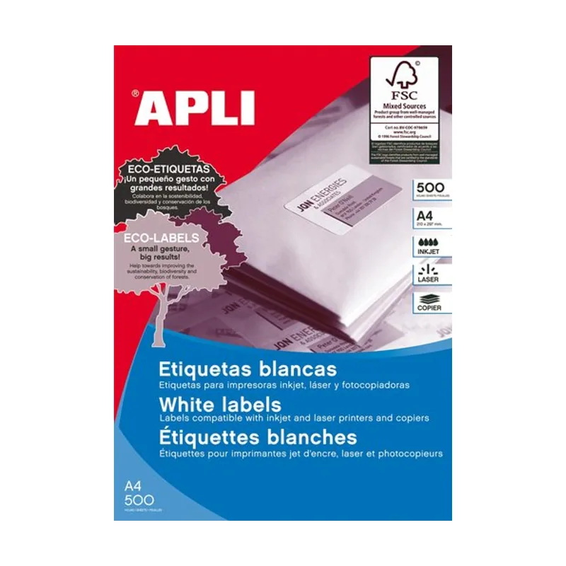 Apli Caja Etiquetas Impresora 500hojas A4. Aptas