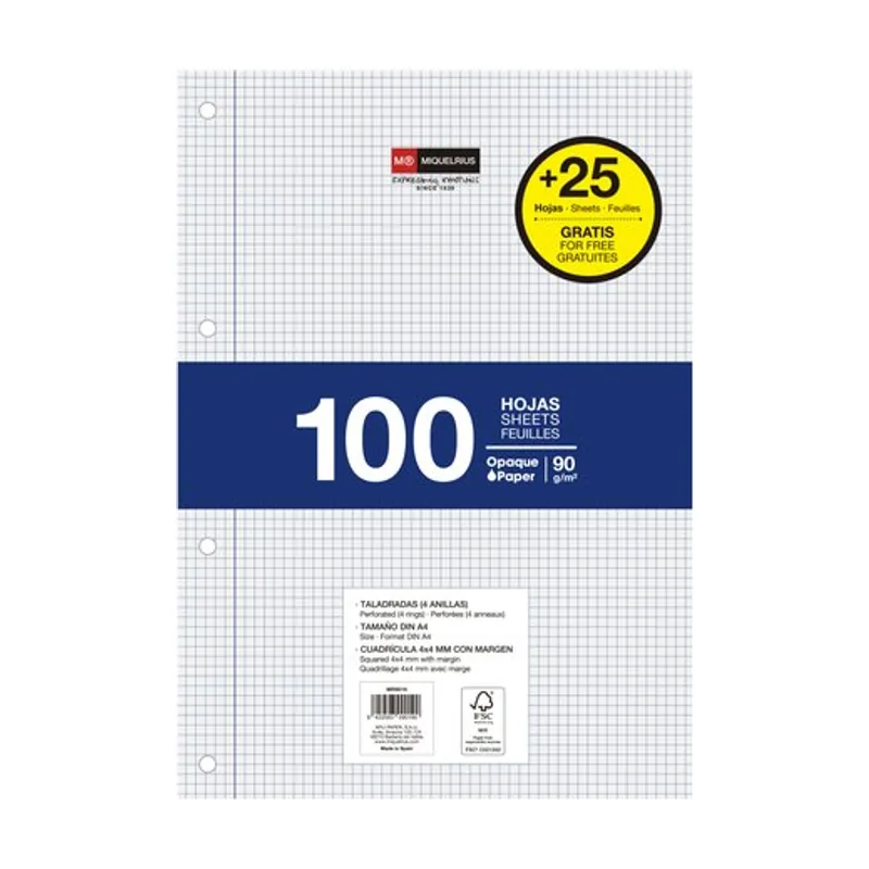 Miquelrius Recambio notebook 1 a4 125h 100+25 90gr 4 taladros cuadric.4x4 c/margen