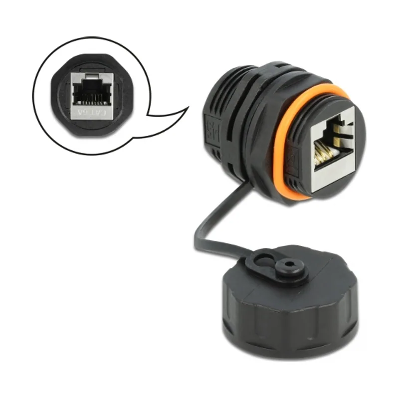 Delock Conector de cable RJ45 hembra a RJ45 hembra Cat.6A con tapa protectora impermeable