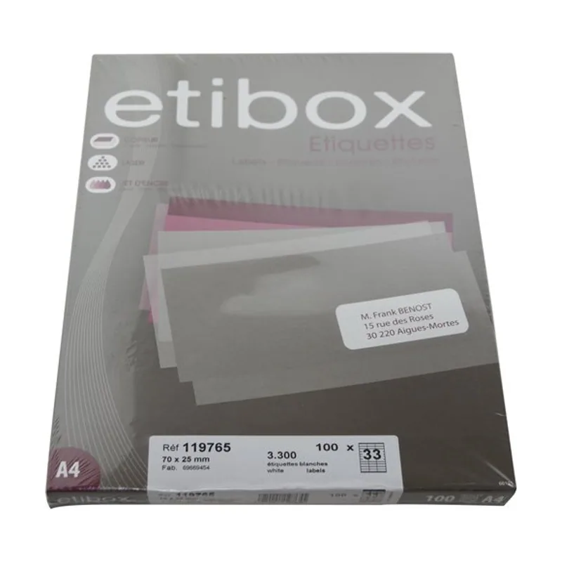 Etibox Etiquetas adhesivas impresora A4 blanca caja 100h cantos rectos 70x25,4 3300 unid.