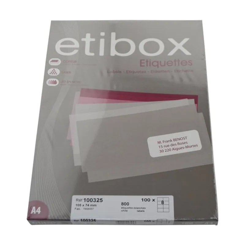 Etibox Etiquetas adhesivas impresora A4 blanca caja 100h cantos rectos 105x74 800 unid