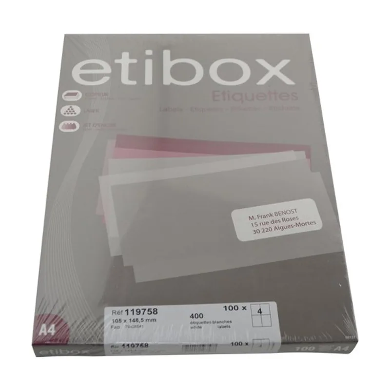 Etibox Etiquetas adhesivas impresora A4 blanca caja 100h cantos rectos 105x148 400 unid.