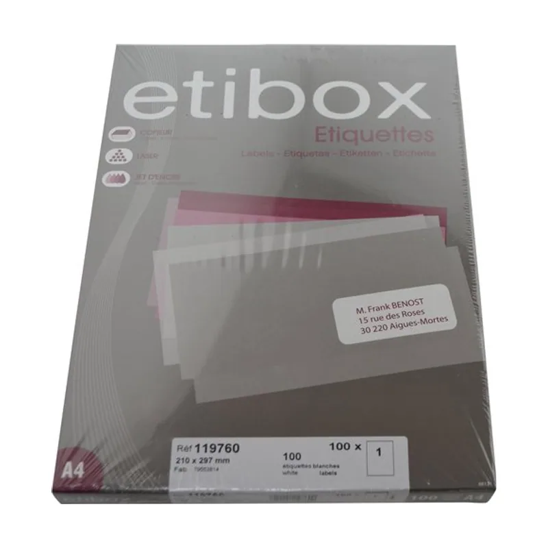 Etibox Etiquetas adhesivas impresora A4 blanca caja 100h cantos rectos 210x297 100 unid.
